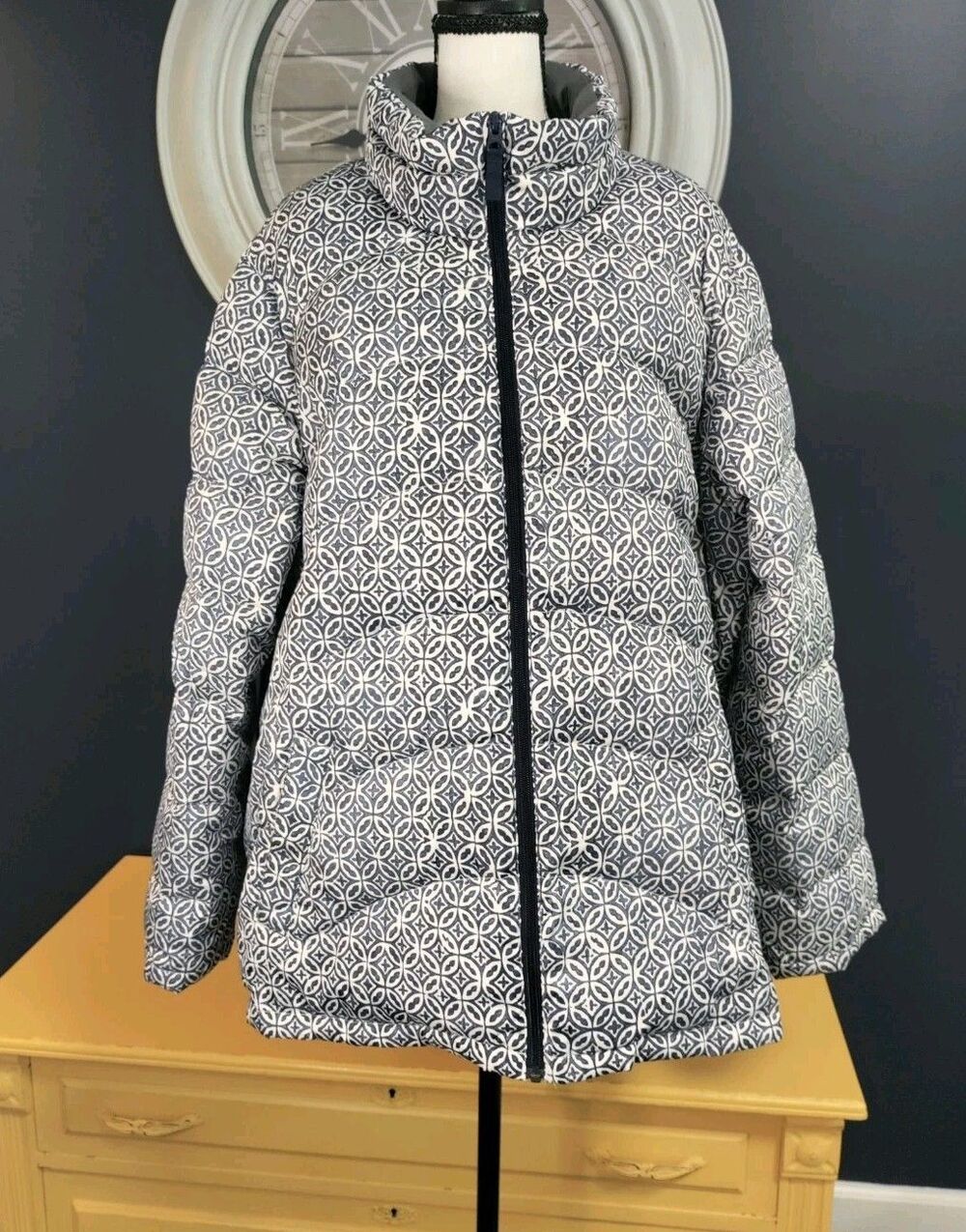 Lands End Quilted Puffer Coat Womens 3XL Down Filled Blue White Geometric Design